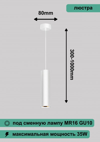 ЭРА PL1 GU10 WH 300 подвесной, GU10, D80*300мм, белый Б0041508
