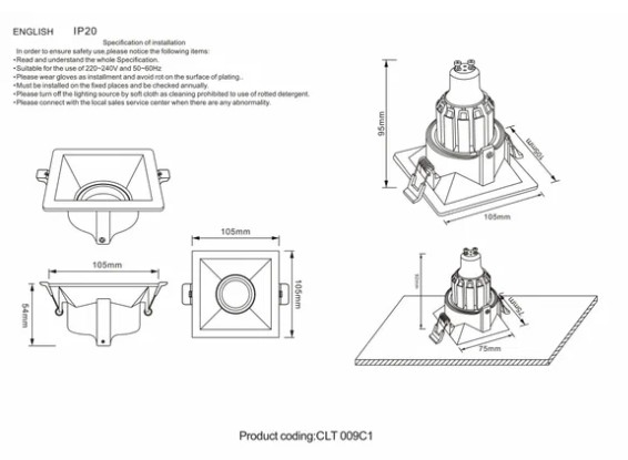 CRYSTAL LUX Светильник встраиваемый CLT 009C1 WH 054.020 105x54mm