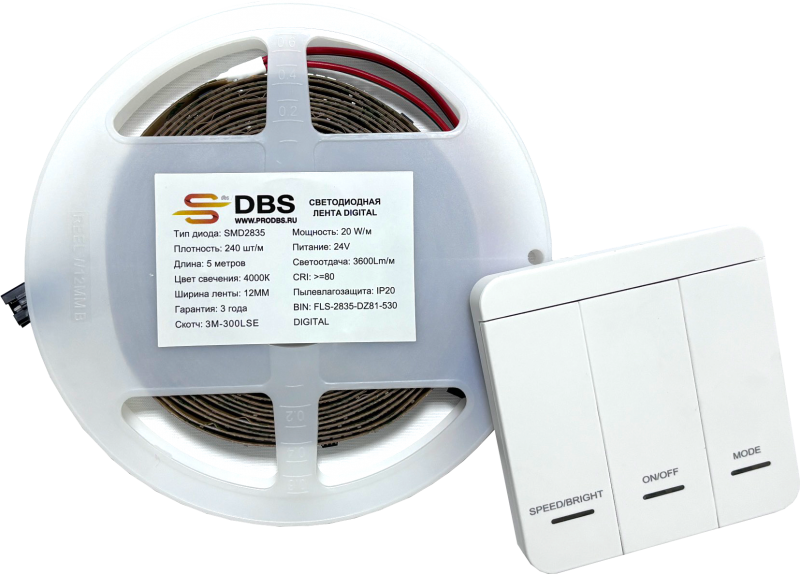 Лента светодиодная 200LUX DR 2835, 20w, 24V, 4000K, 160lm, 240led, CRI83, 10мм, IP20 Вода