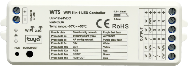 Контроллер WIFI Smart 5 в 1 WT5 DIM(15A)\RGB(9A)\RGBW(12A)\CCT(12A) 5*3A = 15A, 12-24v