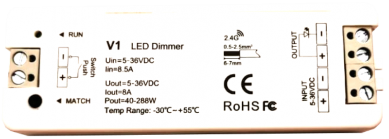1Контроллер V1 MONOV1 8A DIM (для одноцветной ленты) 5-36vDC Думлайт